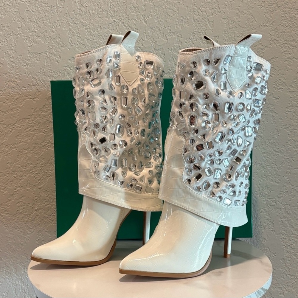 Lauren Lorraine 8.5 Hana White Rhinestone Stiletto Heel Cowboy Boots NWT